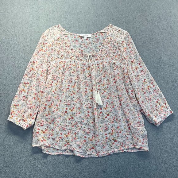 Two by Vince Camuto Floral Peasant Sheer Blouse Large Shirt Tassel‎ Pink Smock - Picture 1 of 10